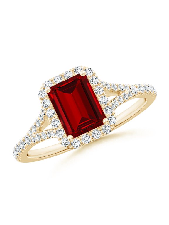 Lab Grown 1 Ct Emerald-Cut Ruby Halo Split Shank Engagement Ring for Women in 14K Yellow Gold (Size-7x5mm) | July Birthstone, Anniversary, Jewelry Gift for Women | Lab-Grown Ruby Ring
