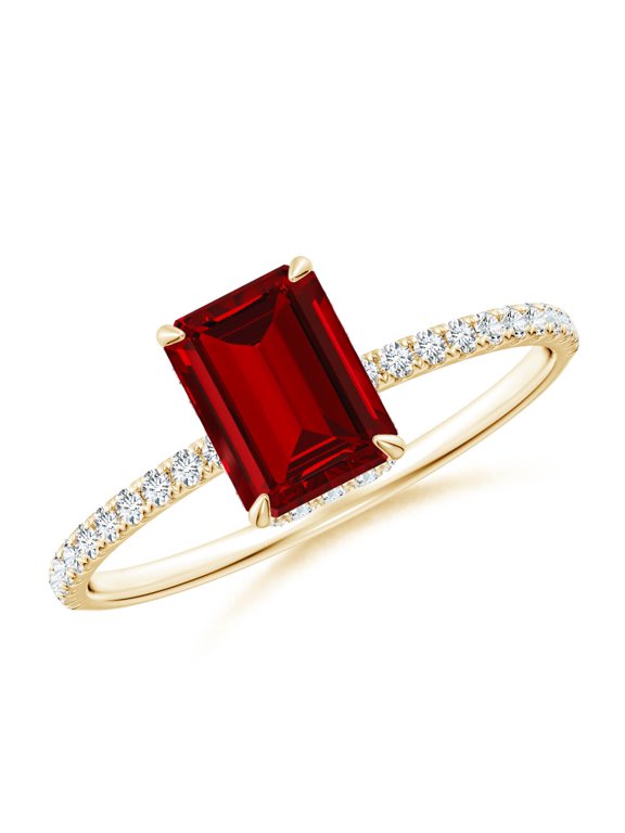 Lab Grown 1 Ct Emerald-Cut Ruby Hidden Halo Classic Engagement Ring for Women in 14K Yellow Gold (Size-7x5mm) | July Birthstone, Anniversary, Jewelry Gift for Women | Lab-Grown Ruby Ring