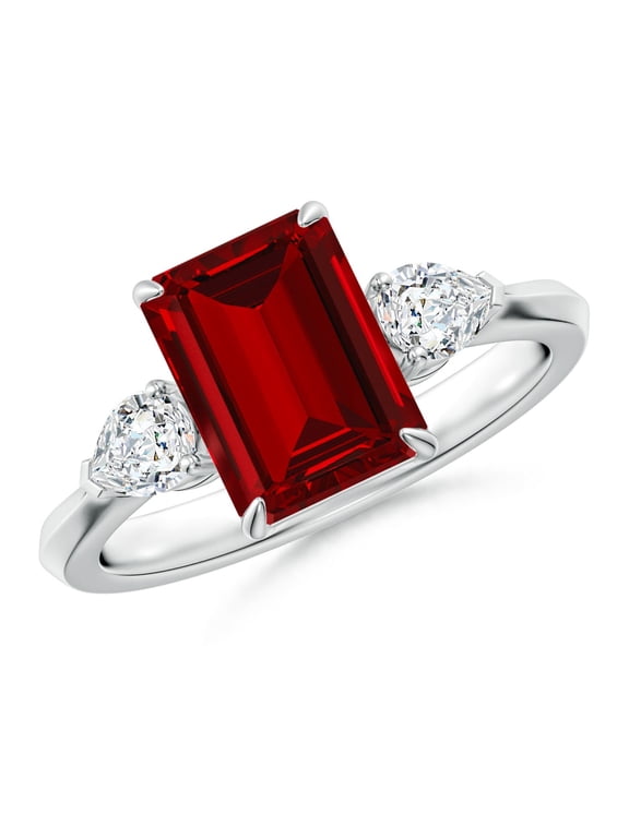 Lab Grown 3 Ct Ruby and Pear Diamond Three Stone Engagement Ring for Women in 14K White Gold (Size-9x7mm) | July Birthstone, Anniversary, Jewelry Gift for Women | Lab-Grown Ruby Ring