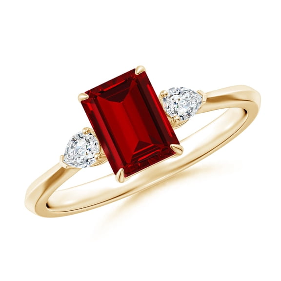 ANGARA Lab Grown 1 Ct Ruby and Pear Diamond Three Stone Engagement Ring for Women in 14K Yellow Gold (Size-7x5mm) | July Birthstone, Anniversary, Jewelry Gift for Women | Lab-Grown Ruby Ring
