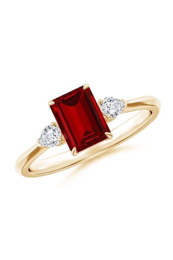 Lab Grown 1 Ct Ruby and Pear Diamond Three Stone Engagement Ring for Women in 14K Yellow Gold (Size-7x5mm) | July Birthstone, Anniversary, Jewelry Gift for Women | Lab-Grown Ruby Ring