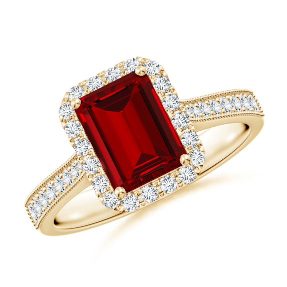 ANGARA Lab Grown 1.6 Ct Ruby Reverse Tapered Shank Halo Engagement Ring for Women in 14K Yellow Gold (Size-8x6mm) | July Birthstone, Anniversary, Jewelry Gift for Women | Lab-Grown Ruby Ring