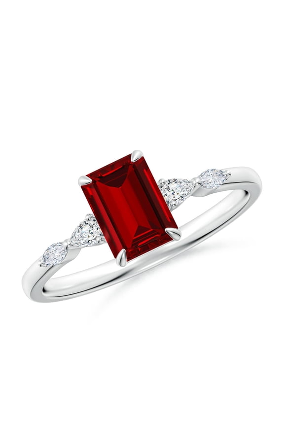 Lab Grown 1 Ct Emerald-Cut Ruby Side Stone Engagement Ring for Women in 14K White Gold (Size-7x5mm) | July Birthstone, Birthday, Anniversary, Jewelry Gift for Women | Lab-Grown Ruby Ring