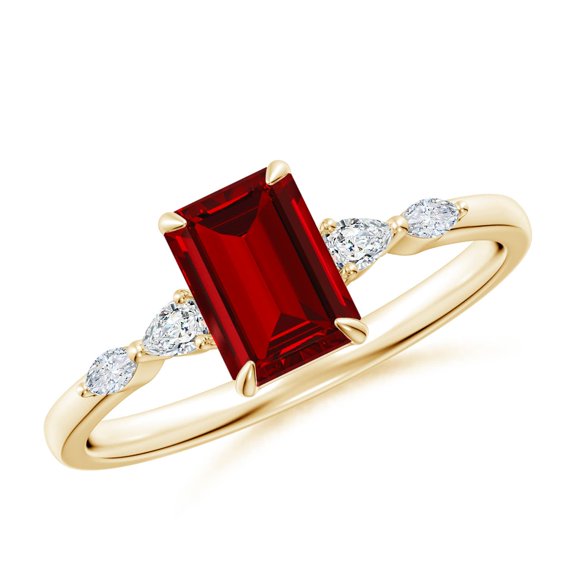 ANGARA Lab Grown 1 Ct Emerald-Cut Ruby Side Stone Engagement Ring for Women in 14K Yellow Gold (Size-7x5mm) | July Birthstone, Birthday, Anniversary, Jewelry Gift for Women | Lab-Grown Ruby Ring