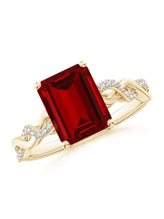 Lab Grown 3 Ct Emerald-Cut Solitaire Ruby Infinity Twist Ring for Women in 14K Yellow Gold (Size-9x7mm) | July Birthstone, Birthday, Anniversary, Jewelry Gift for Women | Lab-Grown Ruby Ring