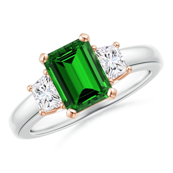 ANGARA Lab Grown 1.5 Ct Emerald and Lab Diamond Three Stone Ring for Women in 14K White & Rose Gold (Size-8x6mm) | May Birthstone, Anniversary, Jewelry Gift for Women | Lab-Grown Emerald Ring