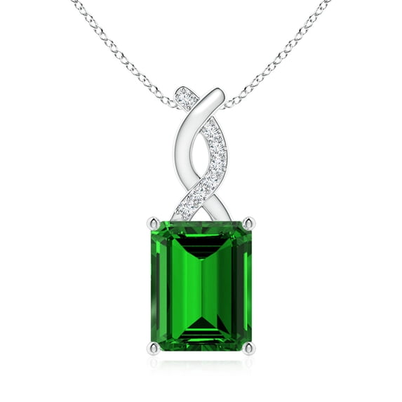 ANGARA Lab Grown 2.25 Ct Emerald Pendant with Lab Diamond Entwined Bale for Women in 14K White Gold (Size-9x7mm) | May Birthstone, Anniversary, Jewelry Gift for Women | Lab-Grown Emerald Necklace