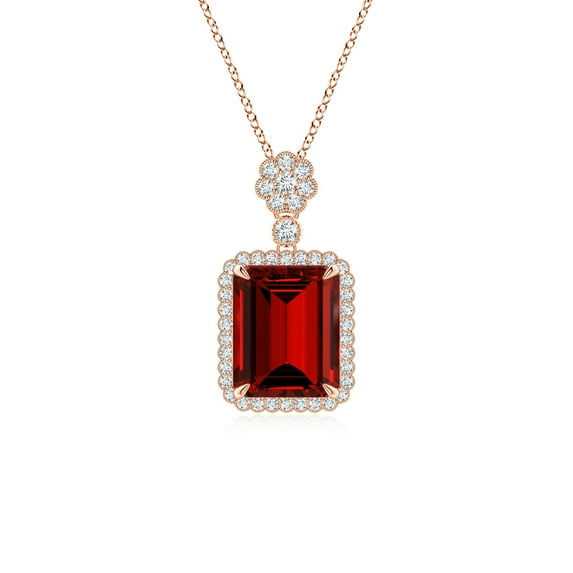 ANGARA Lab Grown 4 Ct Emerald cut Ruby Pendant with Floral Bale for Women in 14K Rose Gold (Size-10x8mm) | July Birthstone, Birthday, Anniversary, Jewelry Gift for Women | Lab-Grown Ruby Necklace