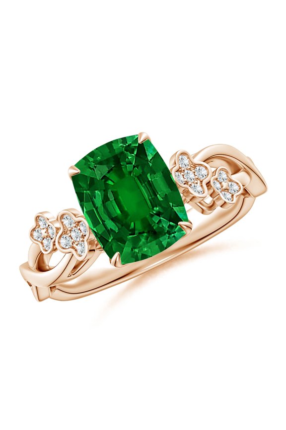 Lab Grown Cushion Rectangular Emerald Floral Engagement Ring for Women in 14K Rose Gold (Size-9x7mm) | May Birthstone, Anniversary, Jewelry Gift for Women | Lab-Grown Emerald Ring