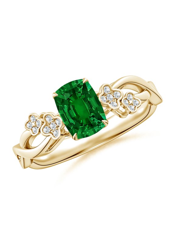 Lab Grown Cushion Rectangular Emerald Floral Engagement Ring for Women in 14K Yellow Gold (Size-7x5mm) | May Birthstone, Anniversary, Jewelry Gift for Women | Lab-Grown Emerald Ring