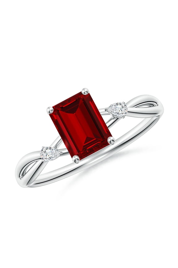 Lab Grown 1 Ct Nature Inspired Emerald-Cut Ruby Side Stone Engagement Ring for Women in 14K White Gold (Size-7x5mm) | July Birthstone, Anniversary, Jewelry Gift for Women | Lab-Grown Ruby Ring