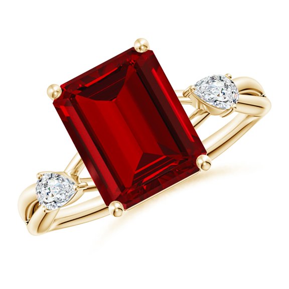 ANGARA Lab Grown 4 Ct Nature Inspired Ruby Side Stone Engagement Ring for Women in 14K Yellow Gold (Size-10x8mm) | July Birthstone, Anniversary, Jewelry Gift for Women | Lab-Grown Ruby Ring