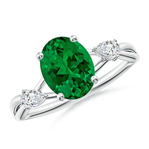 ANGARA Lab Grown 1.5 Ct Nature Inspired Oval Emerald Side Stone Engagement Ring for Women in 14K White Gold (Size-9x7mm) | May Birthstone, Anniversary, Jewelry Gift for Women | Lab-Grown Emerald Ring