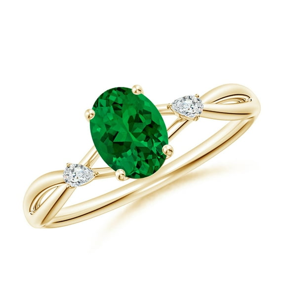 ANGARA Lab Grown Nature Inspired Oval Emerald Side Stone Engagement Ring for Women in 14K Yellow Gold (Size-7x5mm) | May Birthstone, Anniversary, Jewelry Gift for Women | Lab-Grown Emerald Ring