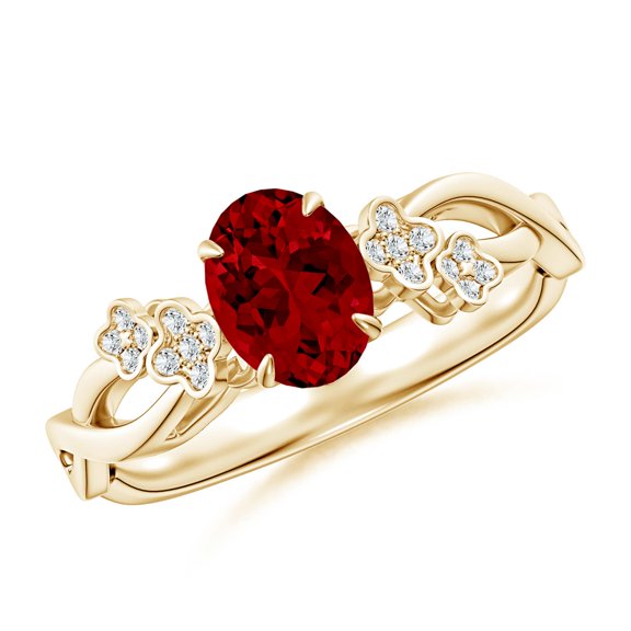 ANGARA Lab Grown 1 Ct Nature-Inspired Oval Ruby Floral Engagement Ring for Women in 14K Yellow Gold (Size-7x5mm) | July Birthstone, Birthday, Anniversary, Jewelry Gift for Women | Lab-Grown Ruby Ring