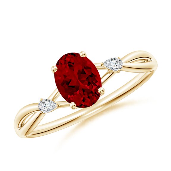 ANGARA Lab Grown 1 Ct Nature Inspired Oval Ruby Side Stone Engagement Ring for Women in 14K Yellow Gold (Size-7x5mm) | July Birthstone, Anniversary, Jewelry Gift for Women | Lab-Grown Ruby Ring