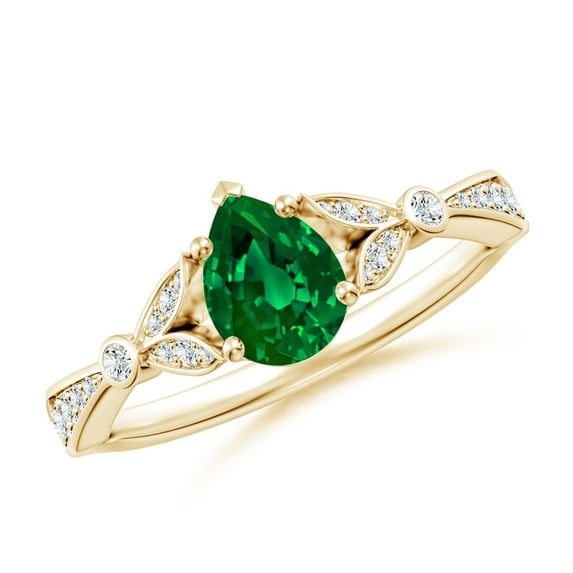 ANGARA Lab Grown Nature-Inspired Pear Emerald Engagement Ring with Leaf Motifs for Women in 14K Yellow Gold (Size-7x5mm) | May Birthstone, Anniversary, Jewelry Gift for Women | Lab-Grown Emerald Ring