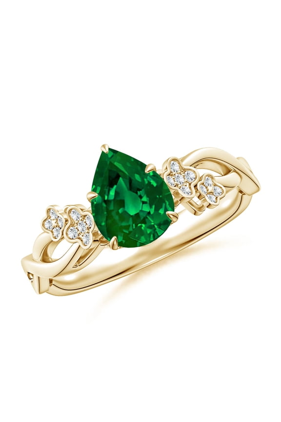 Lab Grown Nature-Inspired Pear Emerald Floral Engagement Ring for Women in 14K Yellow Gold (Size-8x6mm) | May Birthstone, Birthday, Anniversary, Jewelry Gift for Women | Lab-Grown Emerald Ring