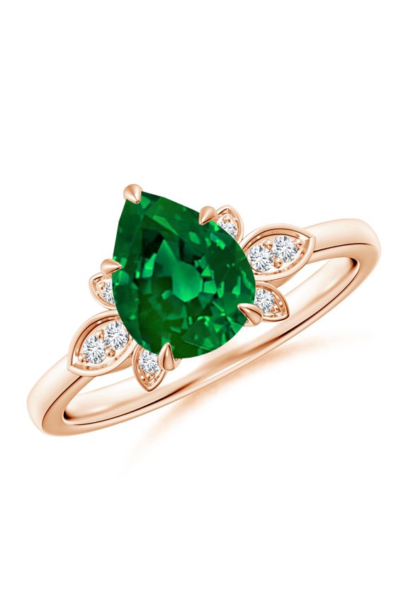 Lab Grown 1.5 Ct Nature-Inspired Pear-Shaped Emerald Engagement Ring for Women in 14K Rose Gold (Size-9x7mm) | May Birthstone, Anniversary, Jewelry Gift for Women | Lab-Grown Emerald Ring