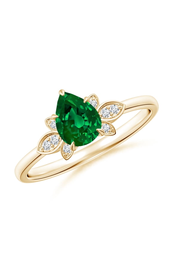 Lab Grown Nature-Inspired Pear-Shaped Emerald Engagement Ring for Women in 14K Yellow Gold (Size-7x5mm) | May Birthstone, Birthday, Anniversary, Jewelry Gift for Women | Lab-Grown Emerald Ring