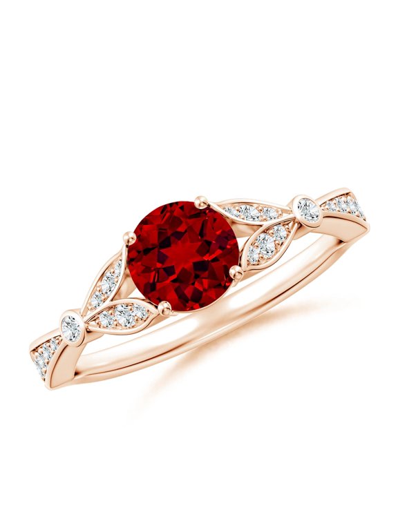 Lab Grown 1 Ct Nature-Inspired Round Ruby Engagement Ring with Leaf Motifs for Women in 14K Rose Gold (Size-6mm) | July Birthstone, Anniversary, Jewelry Gift for Women | Lab-Grown Ruby Ring