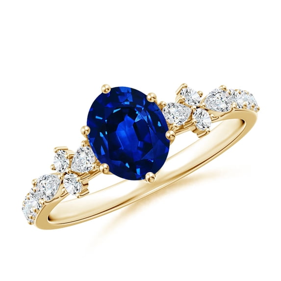 ANGARA Lab Grown Oval Blue Sapphire Side Stone Engagement Ring for Women in 14K Yellow Gold (Size-7x5mm) | September Birthstone, Anniversary, Jewelry Gift for Women | Lab-Grown Blue Sapphire Ring