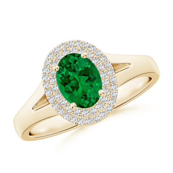 ANGARA Lab Grown Oval Emerald Double Halo Engagement Ring for Women in 14K Yellow Gold (Size-7x5mm) | May Birthstone, Birthday, Anniversary, Jewelry Gift for Women | Lab-Grown Emerald Ring