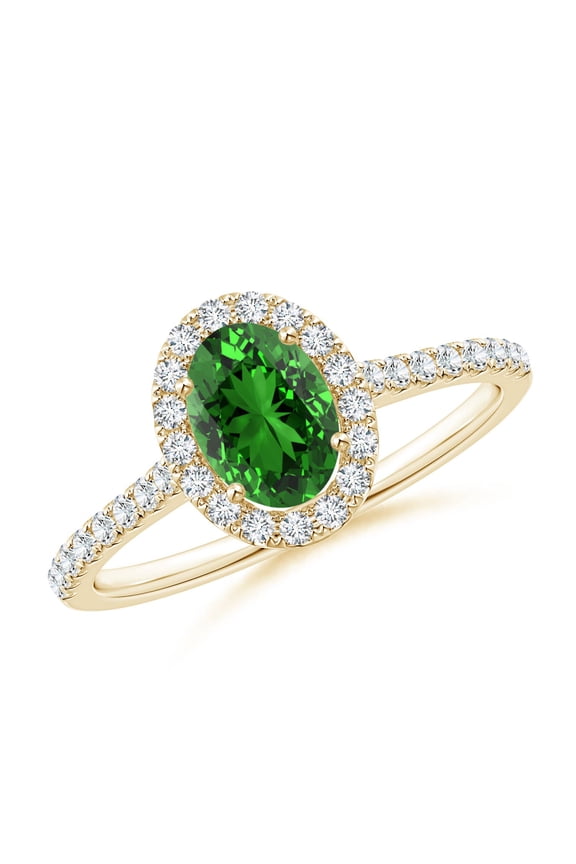 Lab Grown Oval Emerald Halo Ring with Diamond Accents for Women in 14K Yellow Gold (Size-7x5mm) | May Birthstone, Birthday, Anniversary, Jewelry Gift for Women | Lab-Grown Emerald Ring