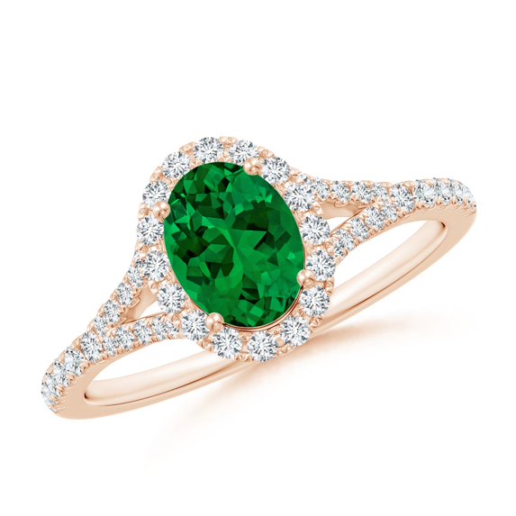 ANGARA Lab Grown Oval Emerald Halo Split Shank Engagement Ring for Women in 14K Rose Gold (Size-7x5mm) | May Birthstone, Birthday, Anniversary, Jewelry Gift for Women | Lab-Grown Emerald Ring