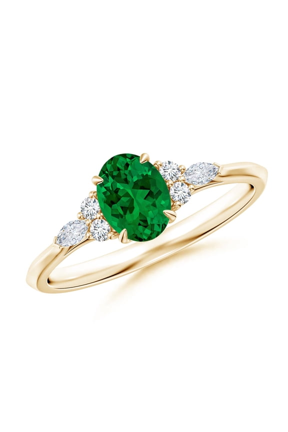 Lab Grown Oval Emerald Side Stone Engagement Ring with Diamonds for Women in 14K Yellow Gold (Size-7x5mm) | May Birthstone, Anniversary, Jewelry Gift for Women | Lab-Grown Emerald Ring