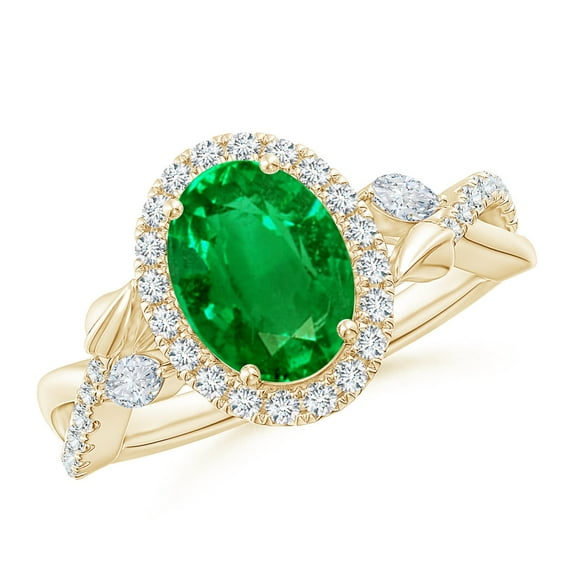 ANGARA Lab Grown 1.5 Ct Oval Emerald Twisted Vine Ring with Diamond Halo for Women in 14K Yellow Gold (Size-9x7mm) | May Birthstone, Anniversary, Jewelry Gift for Women | Lab-Grown Emerald Ring