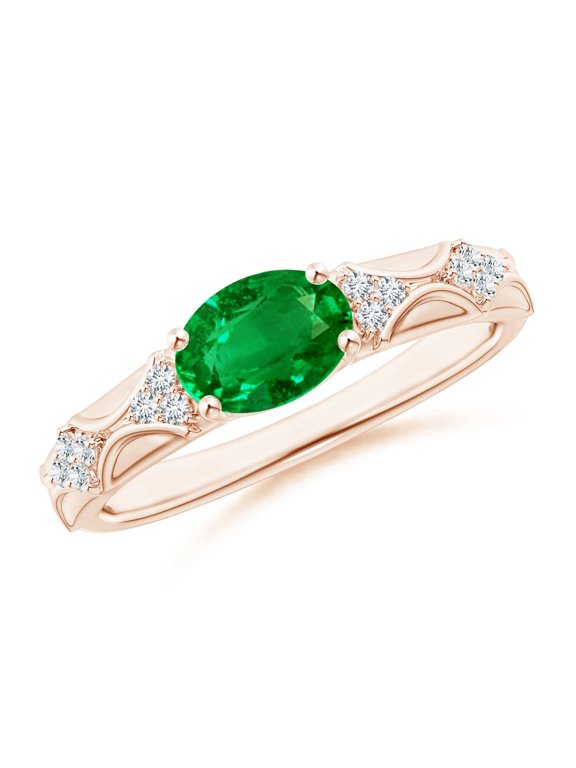 Lab Grown 1.1 Ct Oval Emerald Vintage Style Ring with Diamond Accents for Women in 14K Rose Gold (Size-8x6mm) | May Birthstone, Anniversary, Jewelry Gift for Women | Lab-Grown Emerald Ring