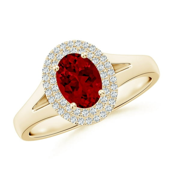 ANGARA Lab Grown 1 Ct Oval Ruby Double Halo Engagement Ring for Women in 14K Yellow Gold (Size-7x5mm) | July Birthstone, Birthday, Anniversary, Jewelry Gift for Women | Lab-Grown Ruby Ring