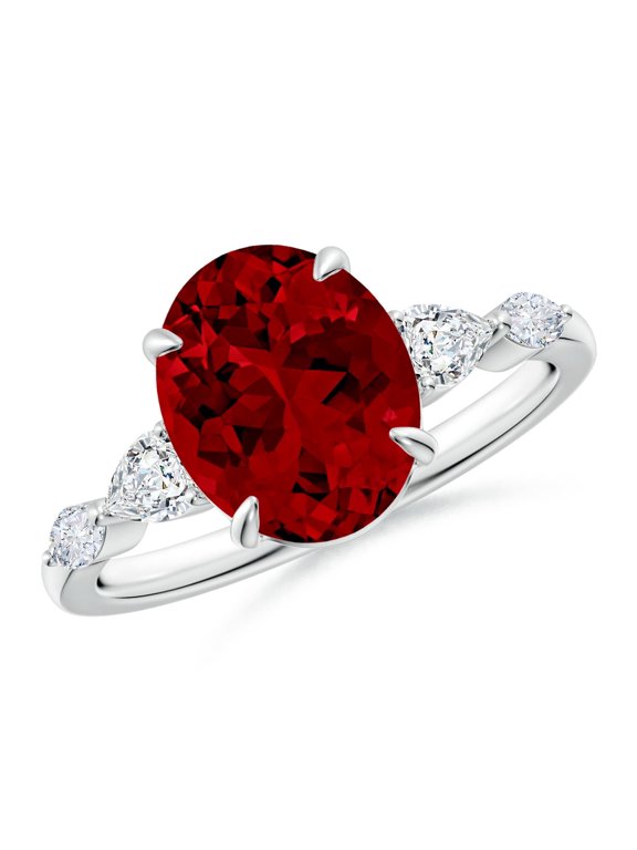 Lab Grown Oval Ruby Side Stone Engagement Ring for Women in 14K White Gold (Size-10x8mm) | July Birthstone Jewelry for Her | Lab-Grown Ruby Engagement Rings
