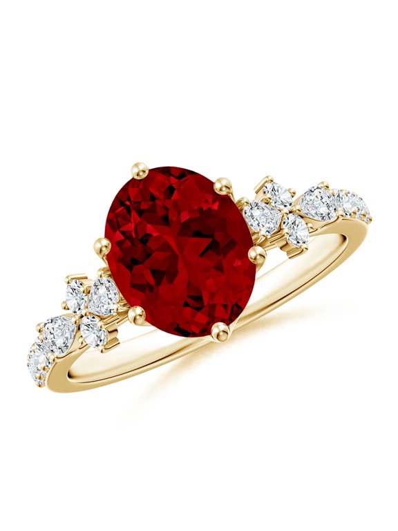 Lab Grown 2 Ct Oval Ruby Side Stone Engagement Ring with Accents for Women in 14K Yellow Gold (Size-9x7mm) | July Birthstone, Anniversary, Jewelry Gift for Women | Lab-Grown Ruby Ring