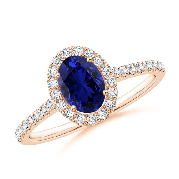 ANGARA Lab Grown Oval Sapphire Halo Ring with Lab Diamond Accents for Women in 14K Rose Gold (Size-7x5mm) | September Birthstone, Anniversary, Jewelry Gift for Women | Lab-Grown Blue Sapphire Ring