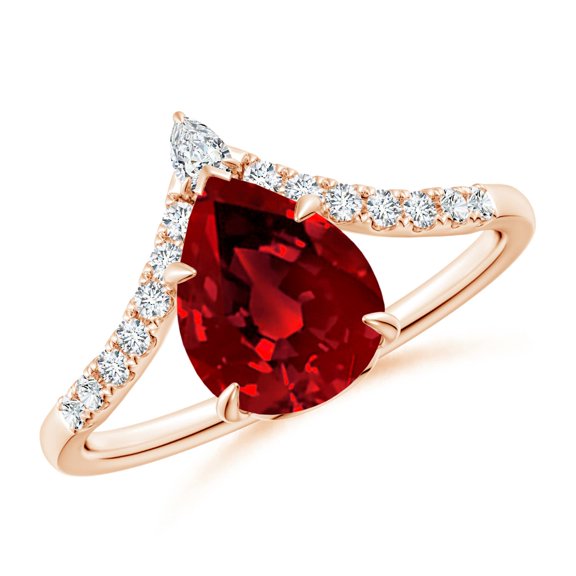 ANGARA Lab Grown 1.9 Ct Pear Ruby and Diamond Chevron Engagement Ring for Women in 14K Rose Gold (Size-9x7mm) | July Birthstone, Birthday, Anniversary, Jewelry Gift for Women | Lab-Grown Ruby Ring
