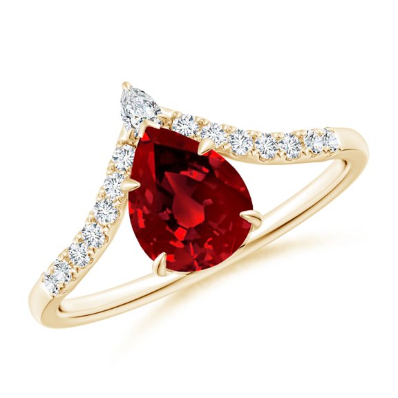 ANGARA Lab Grown 1.15 Ct Pear Ruby and Diamond Chevron Engagement Ring for Women in 14K Yellow Gold (Size-8x6mm) | July Birthstone, Birthday, Anniversary, Jewelry Gift for Women | Lab-Grown Ruby Ring