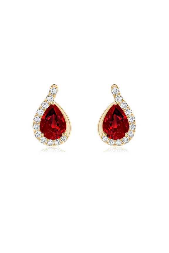 Lab Grown Pear Ruby Earrings with Lab Diamond Swirl Frame for Women in 14K Yellow Gold (Size-7x5mm | 1.6 ct) | July Birthstone Jewelry for Her | Lab-Grown Ruby Earrings
