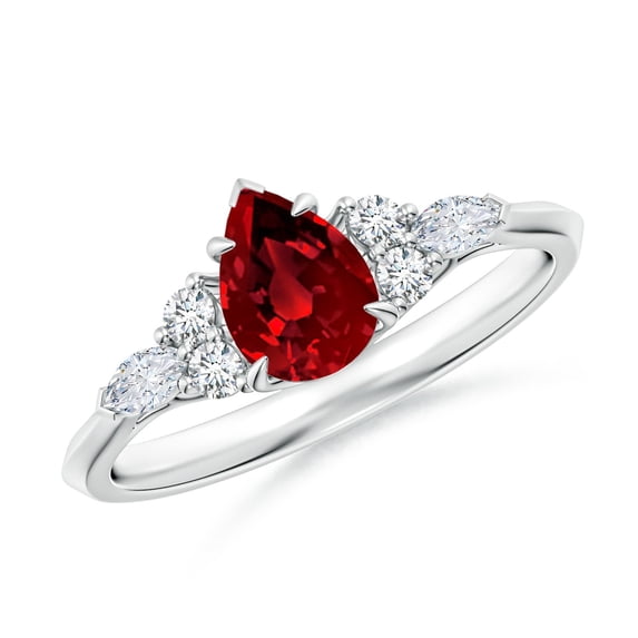 ANGARA Lab Grown Pear Shape Ruby Side Stone Engagement Ring with Diamonds in 14K White Gold for Women (Size-7x5mm) | July Birthstone, Anniversary, Jewelry Gift for Women | Lab Grown Ruby Ring