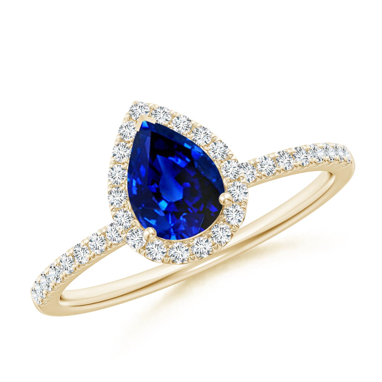 ANGARA Lab Grown Pear-Shaped Blue Sapphire Halo Engagement Ring for Women in 14K Yellow Gold (Size-7x5mm) | September Birthstone, Anniversary, Jewelry Gift for Women | Lab-Grown Blue Sapphire Ring
