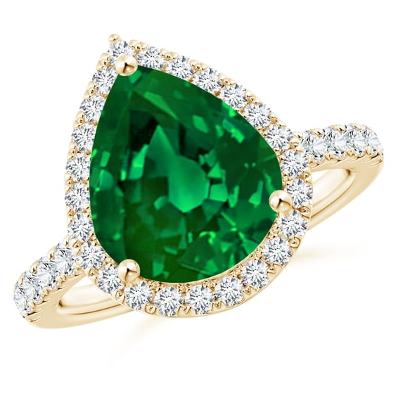 ANGARA Lab Grown 4.14 Ct Pear-Shaped Emerald Halo Engagement Ring for Women in 14K Yellow Gold (Size-12x10mm) | May Birthstone, Birthday, Anniversary, Jewelry Gift for Women | Lab-Grown Emerald Ring