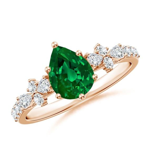 ANGARA Lab Grown Pear-Shaped Emerald Side Stone Engagement Ring with Accents for Women in 14K Rose Gold (Size-8x6mm) | May Birthstone, Anniversary, Jewelry Gift for Women | Lab-Grown Emerald Ring