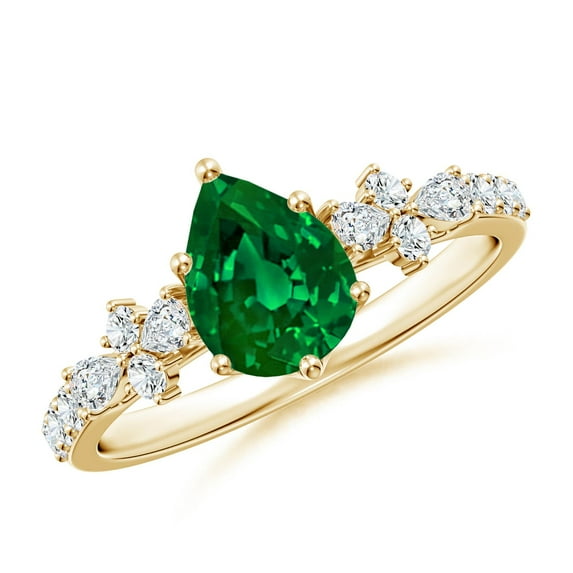 ANGARA Lab Grown Pear-Shaped Emerald Side Stone Engagement Ring with Accents for Women in 14K Yellow Gold (Size-8x6mm) | May Birthstone, Anniversary, Jewelry Gift for Women | Lab-Grown Emerald Ring
