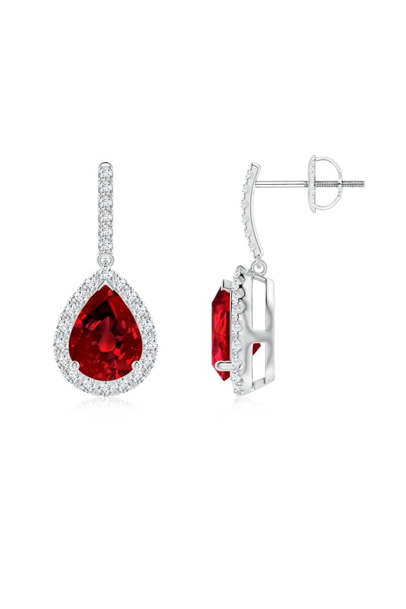 Lab Grown 2.3 Ct Pear-Shaped Ruby Halo Dangle Earrings for Women in 14K White Gold (Size-8x6mm) | July Birthstone, Birthday, Anniversary, Jewelry Gift for Women | Lab-Grown Ruby Earrings
