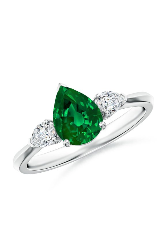 Lab Grown Pear shape Emerald Three Stone Engagement Ring in 14K White Gold for Women (Size-8x6mm) | May Birthstone, Birthday, Anniversary, Jewelry Gift for Women | Lab Grown Emerald Ring