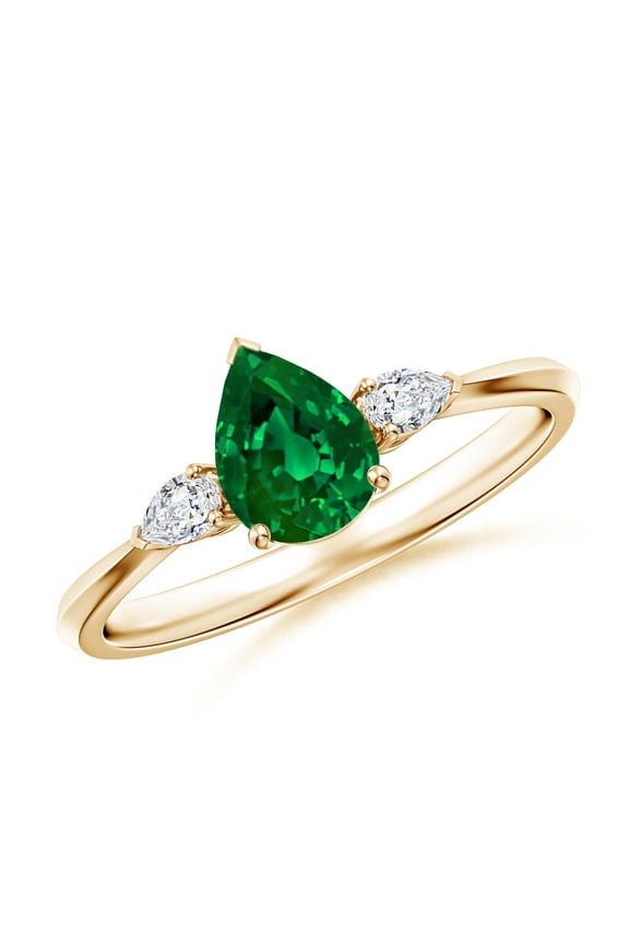 Lab Grown Pear shape Emerald Three Stone Engagement Ring for Women in 14K Yellow Gold (Size-7x5mm) | May Birthstone, Birthday, Anniversary, Jewelry Gift for Women | Lab-Grown Emerald Ring