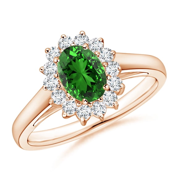 ANGARA Lab Grown Princess Diana Inspired Emerald Ring with Lab Diamond Halo in 14K Rose Gold for Women (Size-7x5mm) | May Birthstone, Anniversary, Jewelry Gift for Women | Lab Grown Emerald Ring
