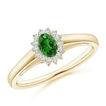 ANGARA Lab Grown Princess Diana Inspired Emerald Ring with Lab Diamond Halo for Women in 14K Yellow Gold (Size-5x3mm) | May Birthstone, Anniversary, Jewelry Gift for Women | Lab-Grown Emerald Ring