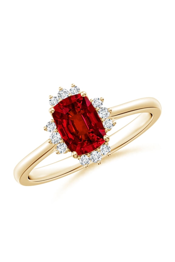 Lab Grown Prong-Set Cushion Rectangular Ruby Halo Engagement Ring for Women in 14K Yellow Gold (Size-7x5mm) | July Birthstone, Anniversary, Jewelry Gift for Women | Lab-Grown Ruby Ring